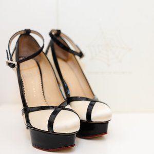 Charlotte Olympia Harlequin Patent-Trimmed Satin Pump